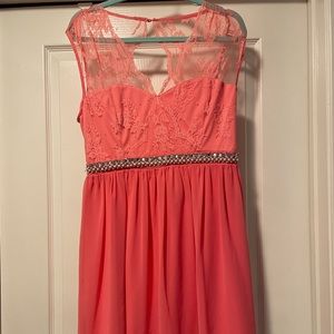 Beautiful Coral Lacey Dress with Pearl/Crystal belt | Elise Ryan